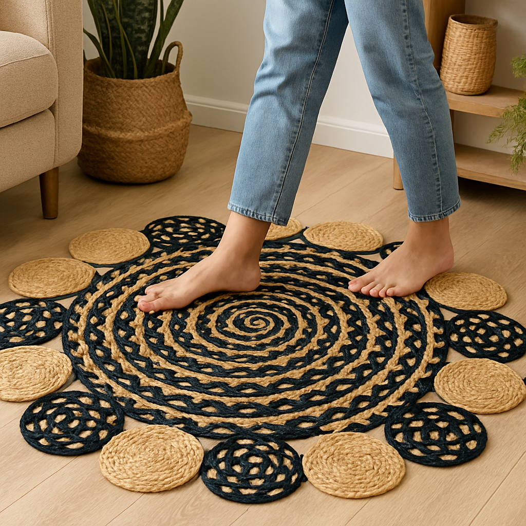Round Area rugs Handmade, foyer entryway, living room rugs, home decoration, Beige and Black area rug