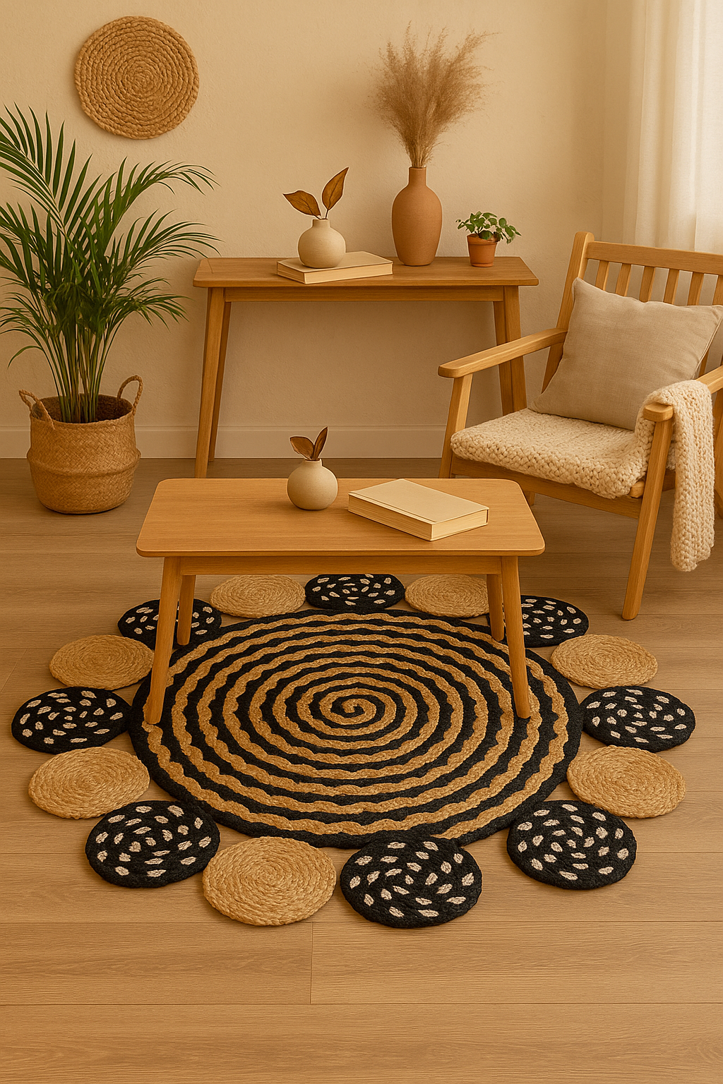 Round Area rugs Handmade, foyer entryway, living room rugs, home decoration, Beige and Black area rug
