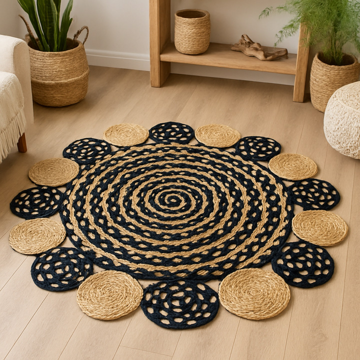 Round Area rugs Handmade, foyer entryway, living room rugs, home decoration, Beige and Black area rug