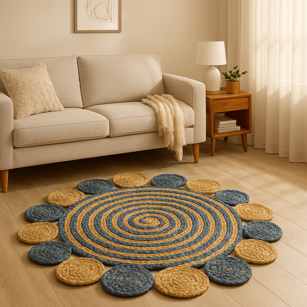 Denim blue and beige round rug styled in living room