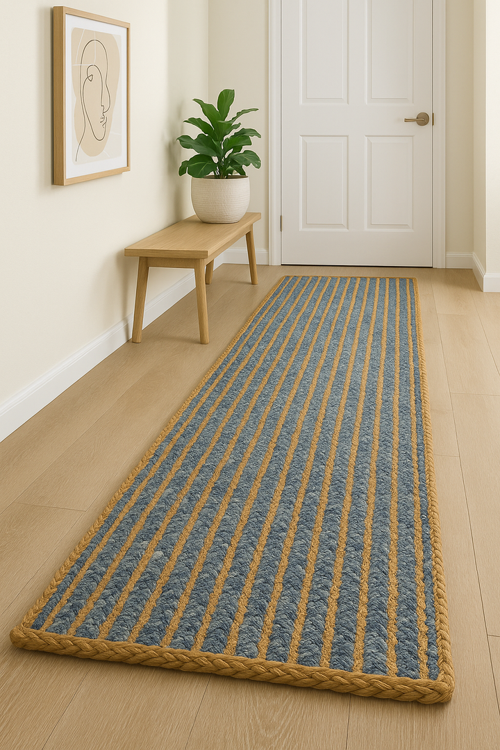 Hand Braided Denim Blue and Beige Runner Area rugs, for your living space, bedroom