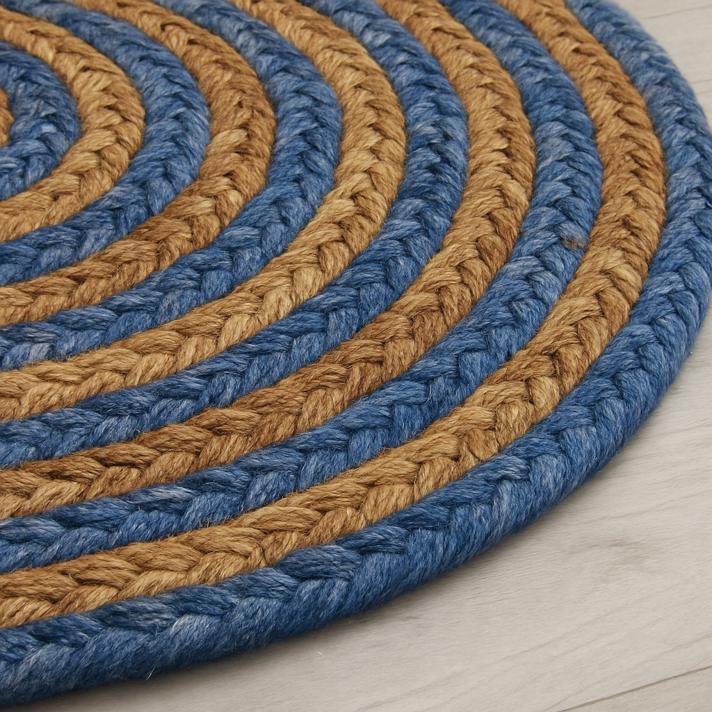 6 ft Handwoven Denim & Jute Round Braided Rug | Rustic Handmade Natural Fiber Area Rug