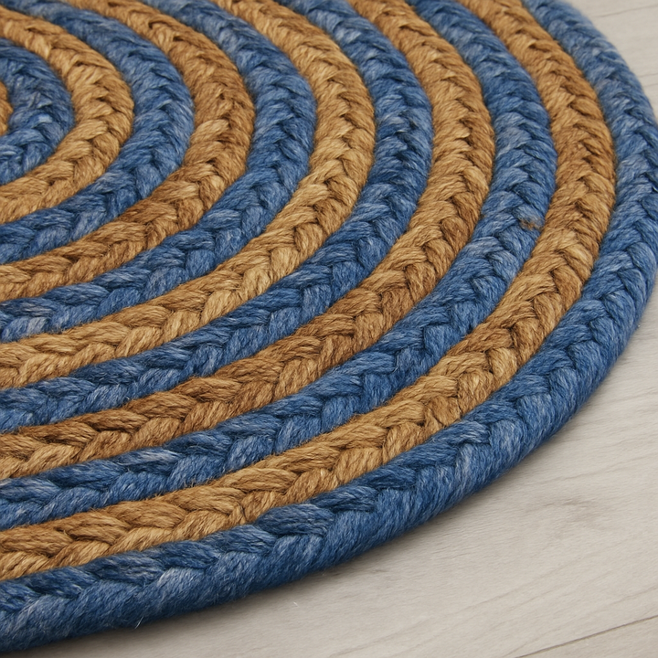 6 ft Handwoven Denim & Jute Round Braided Rug | Rustic Handmade Natural Fiber Area Rug