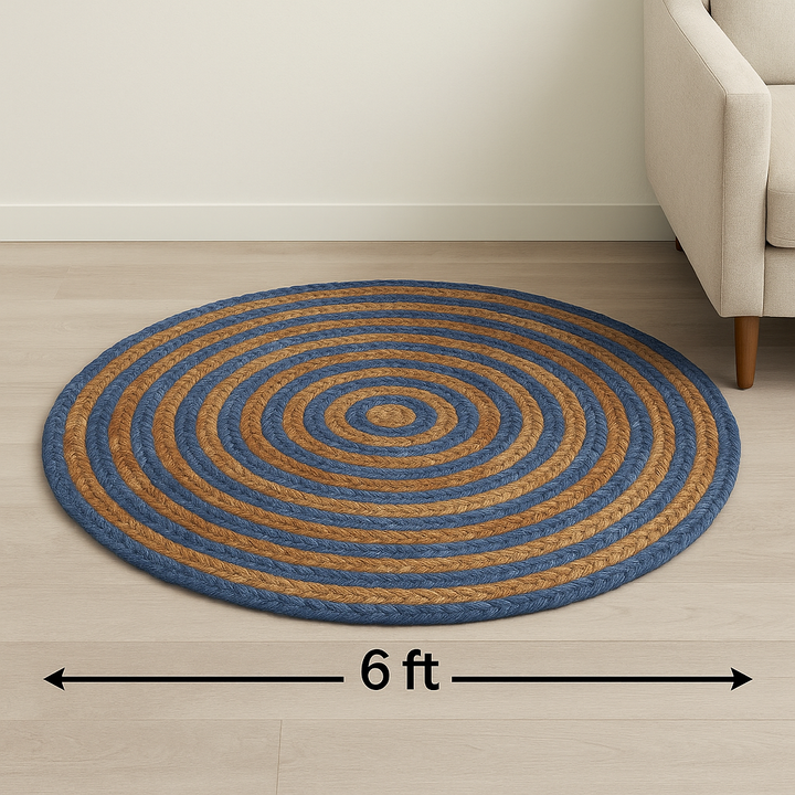 6 ft Handwoven Denim & Jute Round Braided Rug | Rustic Handmade Natural Fiber Area Rug