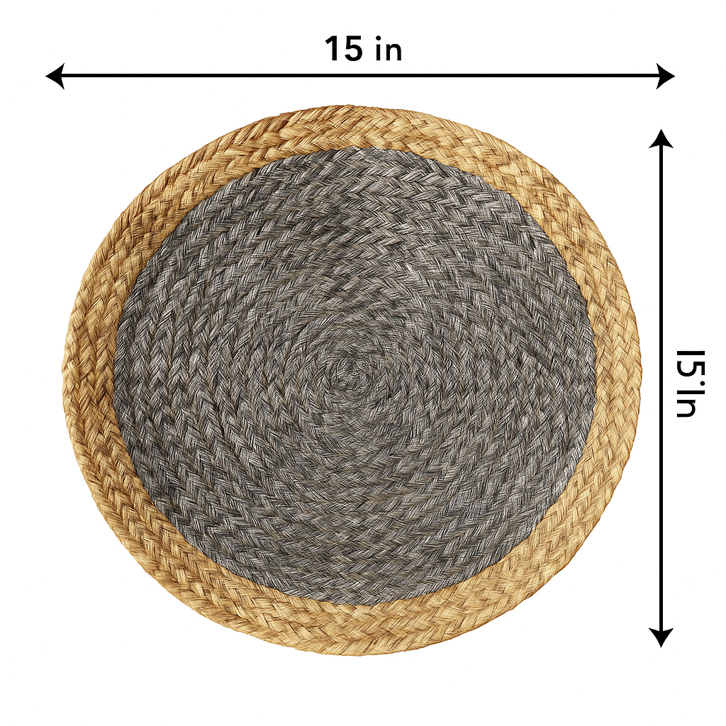 Handmade Jute Placemats Set of 4 – 15 Inch Handwoven Gray & Beige Dining Table Mats – Eco-Friendly, Heat Resistant, Rustic Farmhouse Decor for Kitchen, Dining, Parties & Everyday Use