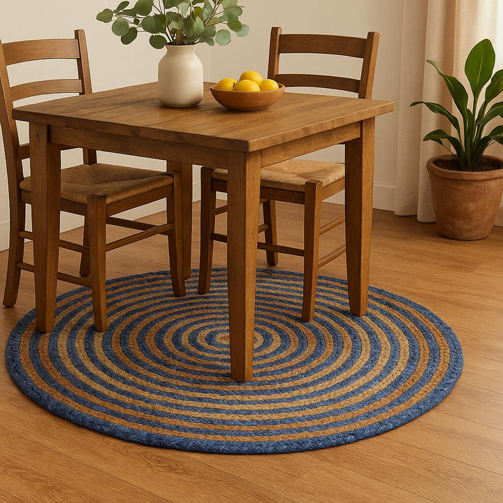 6 ft Handwoven Denim & Jute Round Braided Rug | Rustic Handmade Natural Fiber Area Rug