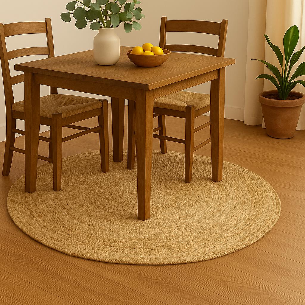 Handmade jute rug under dining table in natural tan color