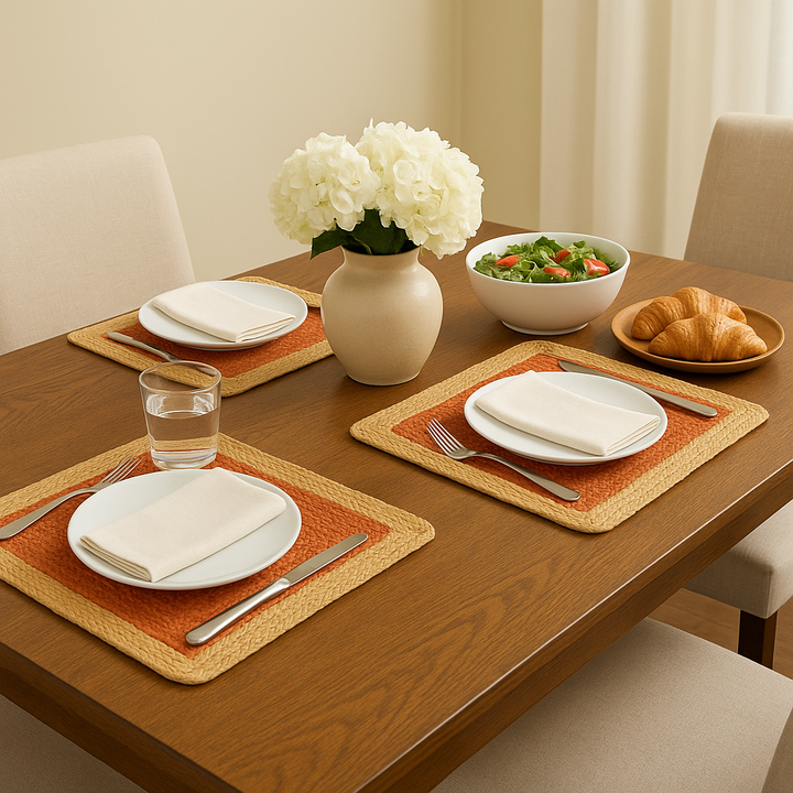 Handmade jute placemats in 4 color, Orange, Gray, Natural white, Purple with Beige color 15 in width, (set of 4)