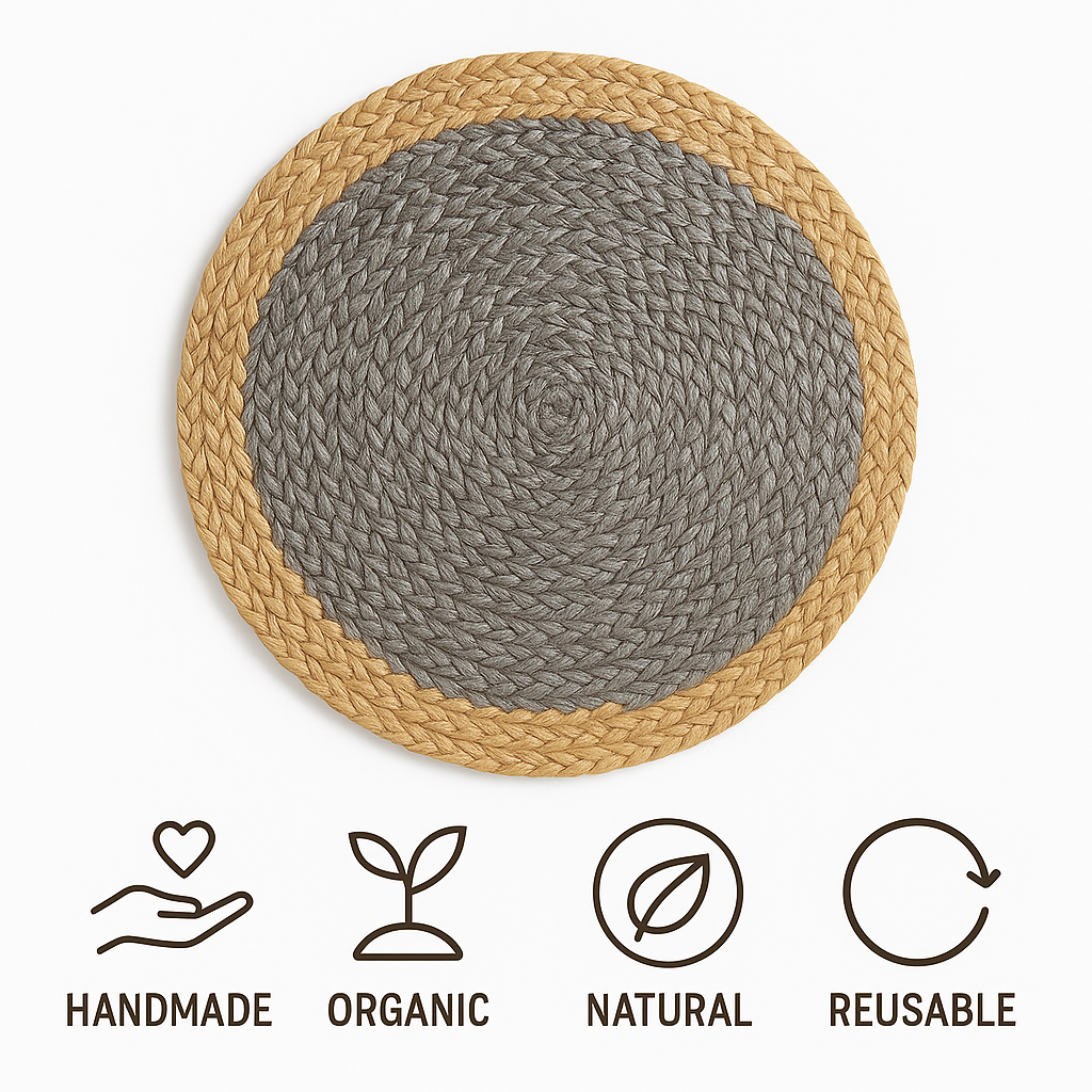 Handmade Jute Placemats Set of 4 – 15 Inch Handwoven Gray & Beige Dining Table Mats – Eco-Friendly, Heat Resistant, Rustic Farmhouse Decor for Kitchen, Dining, Parties & Everyday Use