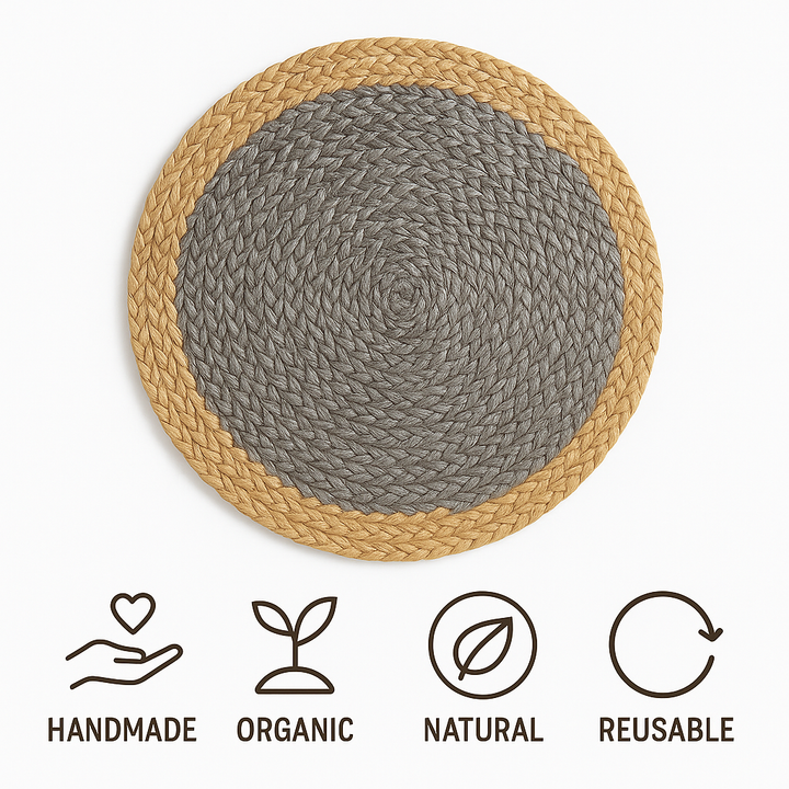 Handmade Jute Placemats Set of 4 – 15 Inch Handwoven Gray & Beige Dining Table Mats – Eco-Friendly, Heat Resistant, Rustic Farmhouse Decor for Kitchen, Dining, Parties & Everyday Use