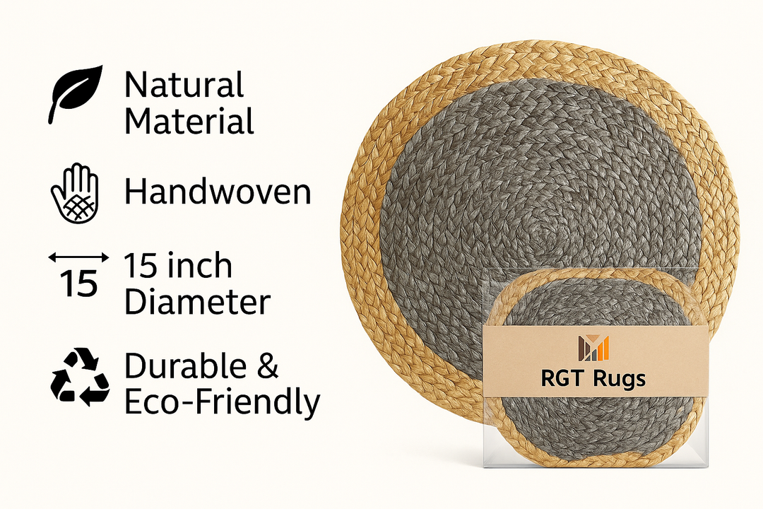 Handmade Jute Placemats Set of 4 – 15 Inch Handwoven Gray & Beige Dining Table Mats – Eco-Friendly, Heat Resistant, Rustic Farmhouse Decor for Kitchen, Dining, Parties & Everyday Use