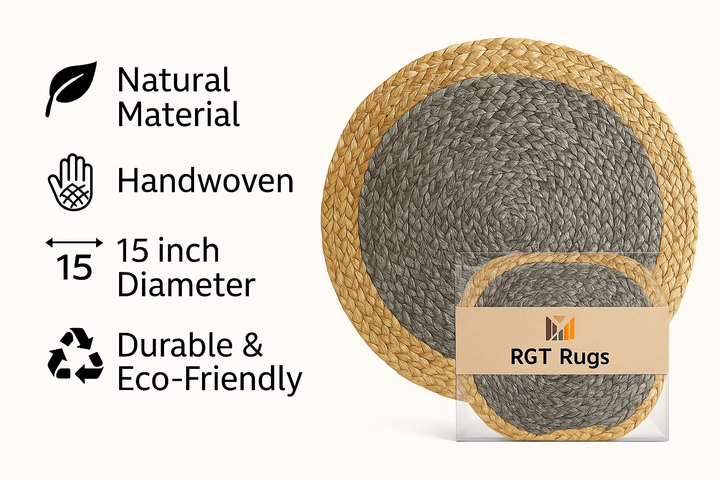 Handmade Jute Placemats Set of 4 – 15 Inch Handwoven Gray & Beige Dining Table Mats – Eco-Friendly, Heat Resistant, Rustic Farmhouse Decor for Kitchen, Dining, Parties & Everyday Use