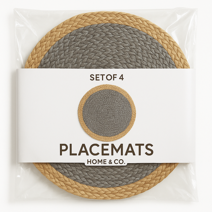 Handmade Jute Placemats Set of 4 – 15 Inch Handwoven Gray & Beige Dining Table Mats – Eco-Friendly, Heat Resistant, Rustic Farmhouse Decor for Kitchen, Dining, Parties & Everyday Use