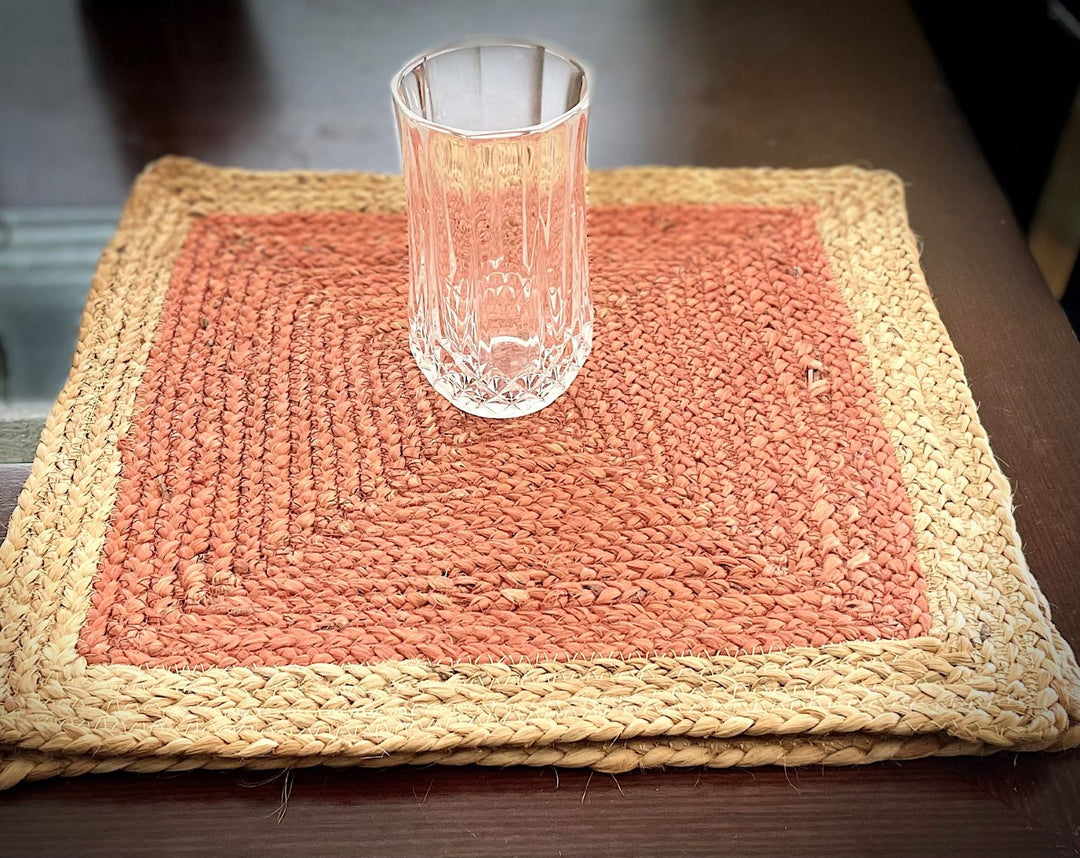 Handmade jute placemats in 4 color, Orange, Gray, Natural white, Purple with Beige color 15 in width, (set of 4)