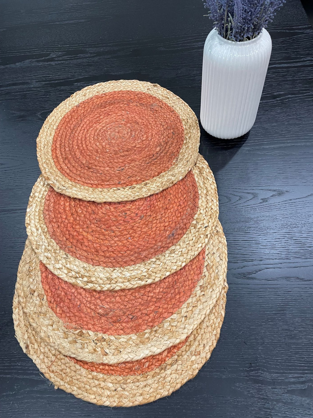 Hand made Round Jute placemats Orange, Beige, White, purple and Multicolor dinner placemats, Kitchen placemats