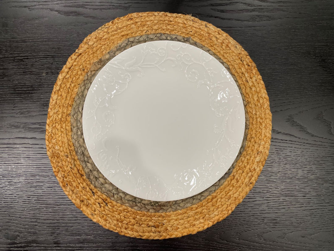 Round jute placemat set of four with dinnerware, boho dining table setting