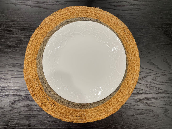 Round jute placemat set of four with dinnerware, boho dining table setting