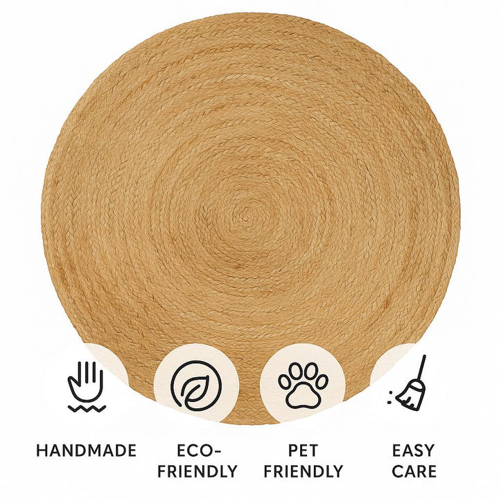 6 ft Round Jute Area Rug – Hand-Braided Natural Beige Floor Rug | Eco-Friendly Rustic Carpet for Living Room & Entryway