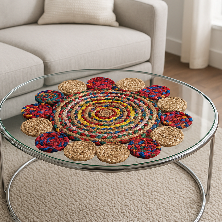 Handmade Round Jute and Cotton Area Rug – Multicolor Braided Rug for Living Room, Bedroom, Dining, Entryway