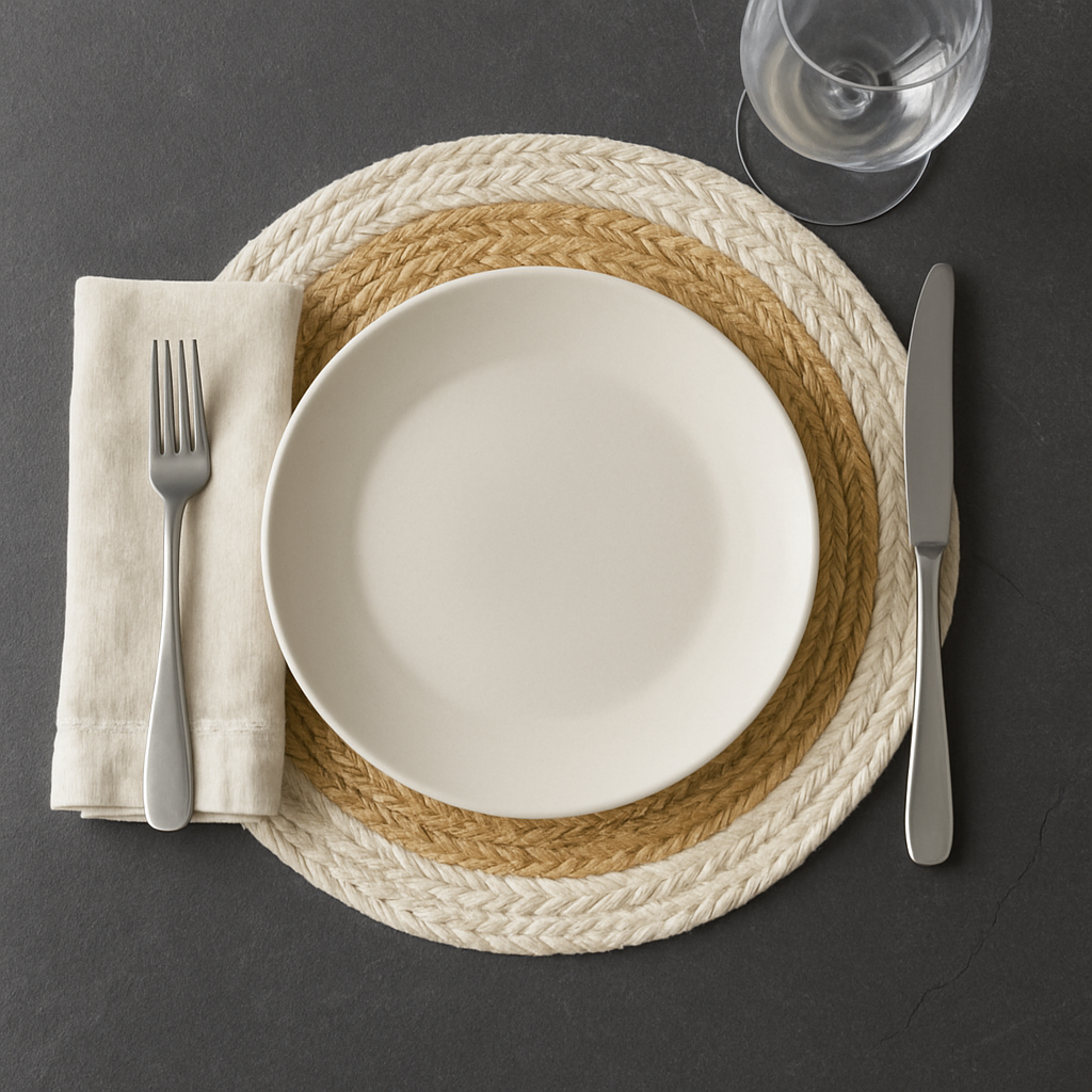 Handwoven Jute Placemats Set of 4 – Beige and White Dining Table Mats – 15 Inch Round and Square Options – Handmade Eco-Friendly Natural Fiber Placemats for Kitchen, Farmhouse, Rustic & Boho Décor, Durable and Heat Resistant