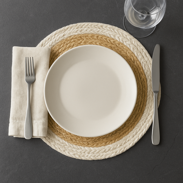 Handwoven Jute Placemats Set of 4 – Beige and White Dining Table Mats – 15 Inch Round and Square Options – Handmade Eco-Friendly Natural Fiber Placemats for Kitchen, Farmhouse, Rustic & Boho Décor, Durable and Heat Resistant