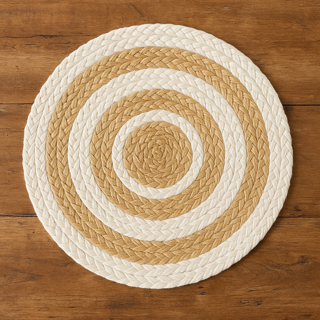 Handwoven Jute Placemats Set of 4 – Beige and White Dining Table Mats – 15 Inch Round and Square Options – Handmade Eco-Friendly Natural Fiber Placemats for Kitchen, Farmhouse, Rustic & Boho Décor, Durable and Heat Resistant