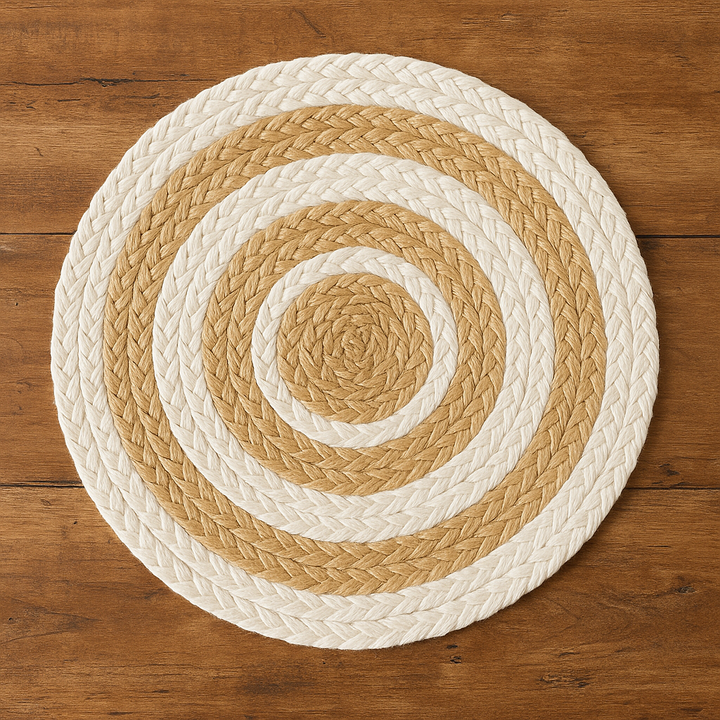 Handwoven Jute Placemats Set of 4 – Beige and White Dining Table Mats – 15 Inch Round and Square Options – Handmade Eco-Friendly Natural Fiber Placemats for Kitchen, Farmhouse, Rustic & Boho Décor, Durable and Heat Resistant