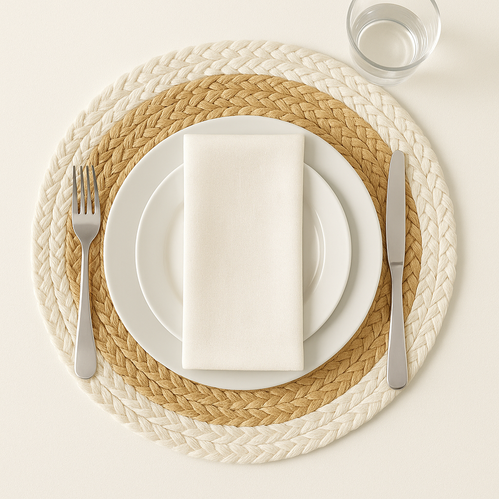 Handwoven Jute Placemats Set of 4 – Beige and White Dining Table Mats – 15 Inch Round and Square Options – Handmade Eco-Friendly Natural Fiber Placemats for Kitchen, Farmhouse, Rustic & Boho Décor, Durable and Heat Resistant