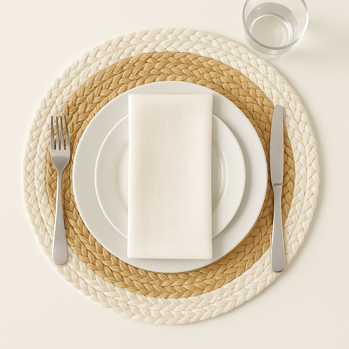 Handwoven Jute Placemats Set of 4 – Beige and White Dining Table Mats – 15 Inch Round and Square Options – Handmade Eco-Friendly Natural Fiber Placemats for Kitchen, Farmhouse, Rustic & Boho Décor, Durable and Heat Resistant