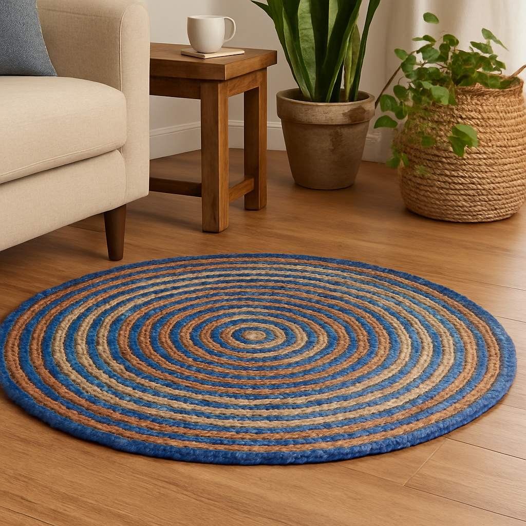 6 ft Handwoven Denim & Jute Round Braided Rug | Rustic Handmade Natural Fiber Area Rug