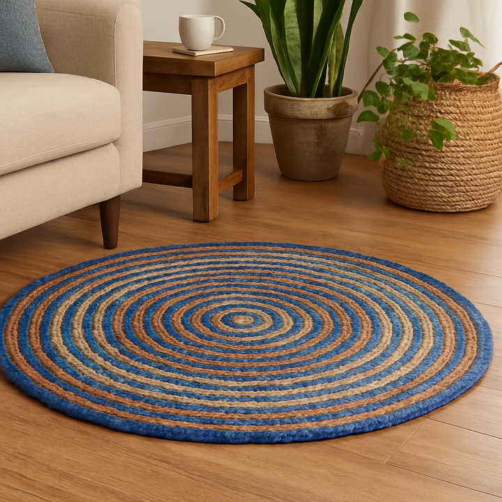 6 ft Handwoven Denim & Jute Round Braided Rug | Rustic Handmade Natural Fiber Area Rug