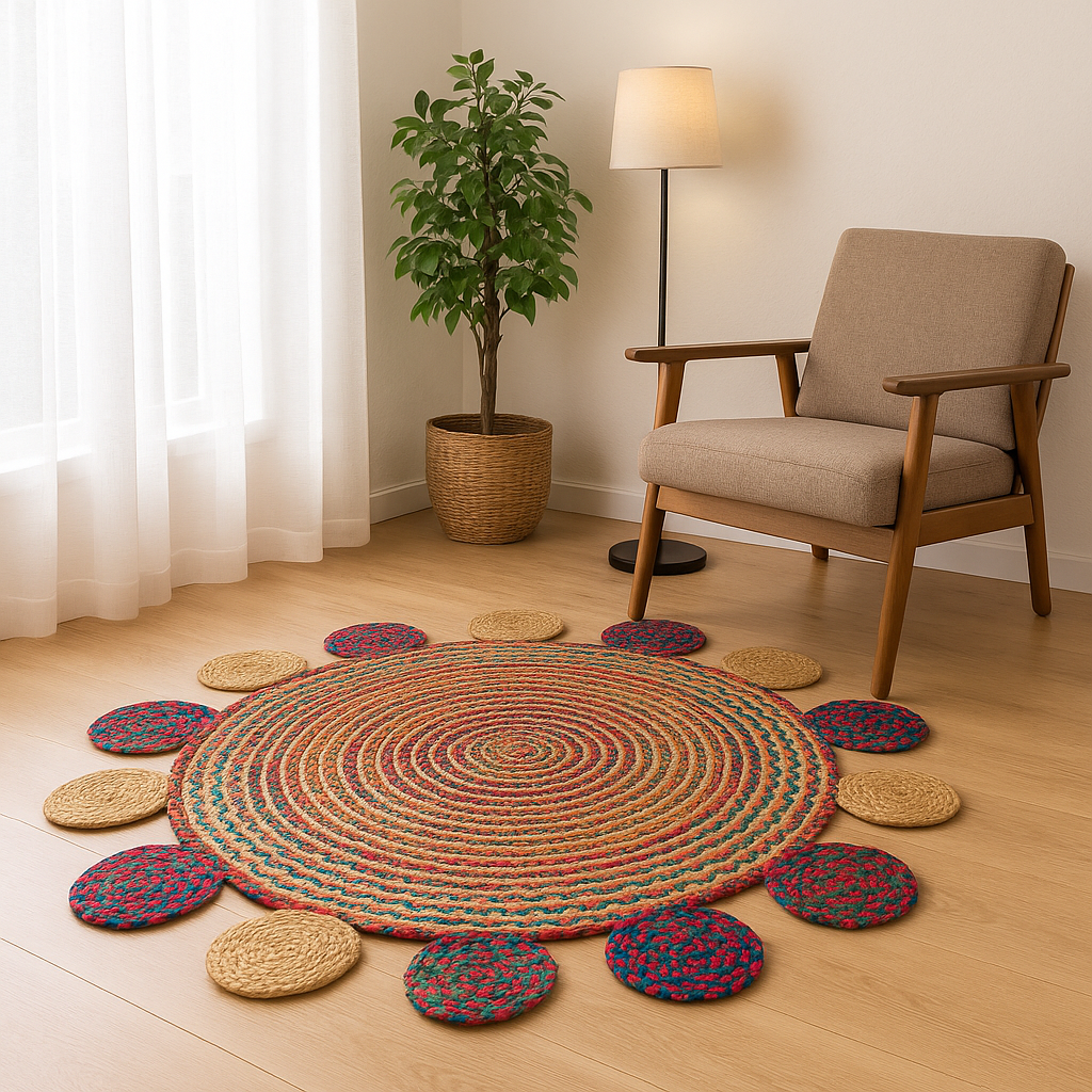 Handmade Round Jute and Cotton Area Rug – Multicolor Braided Rug for Living Room, Bedroom, Dining, Entryway