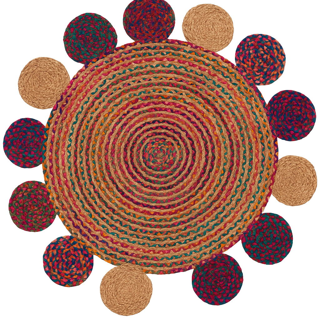 Handmade Round Jute and Cotton Area Rug – Multicolor Braided Rug for Living Room, Bedroom, Dining, Entryway