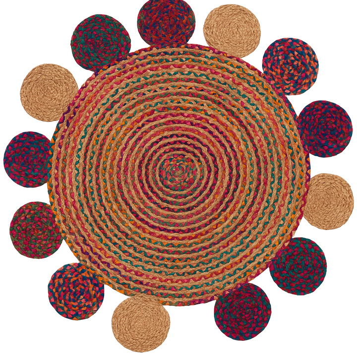 Handmade Round Jute and Cotton Area Rug – Multicolor Braided Rug for Living Room, Bedroom, Dining, Entryway