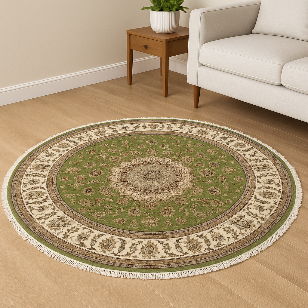 Handmade Round Wool Area Rug, Indo Nain-Kashan Design