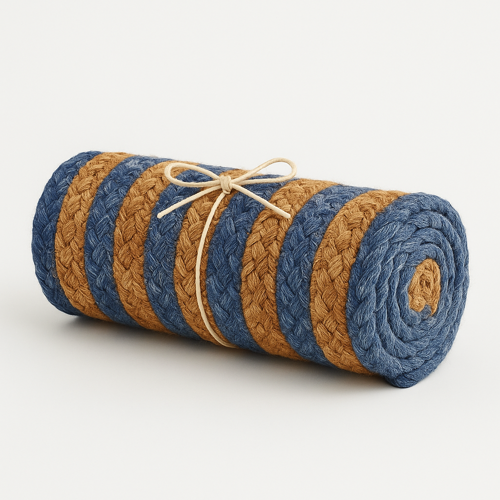 6 ft Handwoven Denim & Jute Round Braided Rug | Rustic Handmade Natural Fiber Area Rug