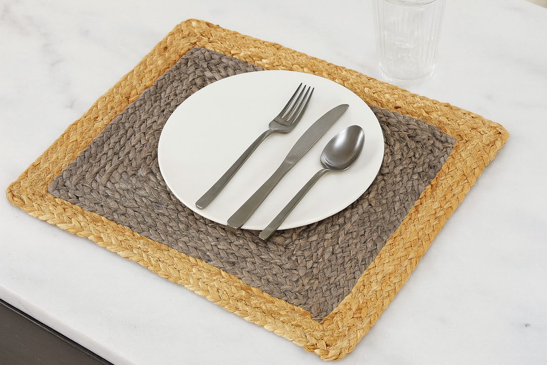 Handmade Jute Placemats Set of 4 – 15 Inch Handwoven Gray & Beige Dining Table Mats – Eco-Friendly, Heat Resistant, Rustic Farmhouse Decor for Kitchen, Dining, Parties & Everyday Use