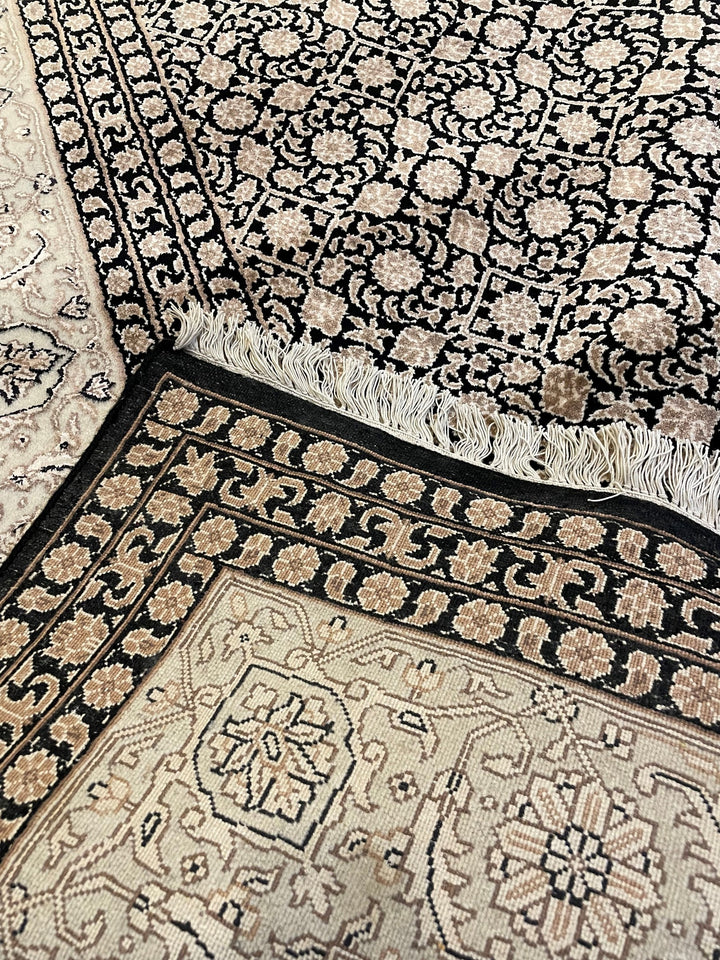 Handmade Wool Silk Area Rugs for living room & Bedroom, Charcoal and white color, Hand knotted,