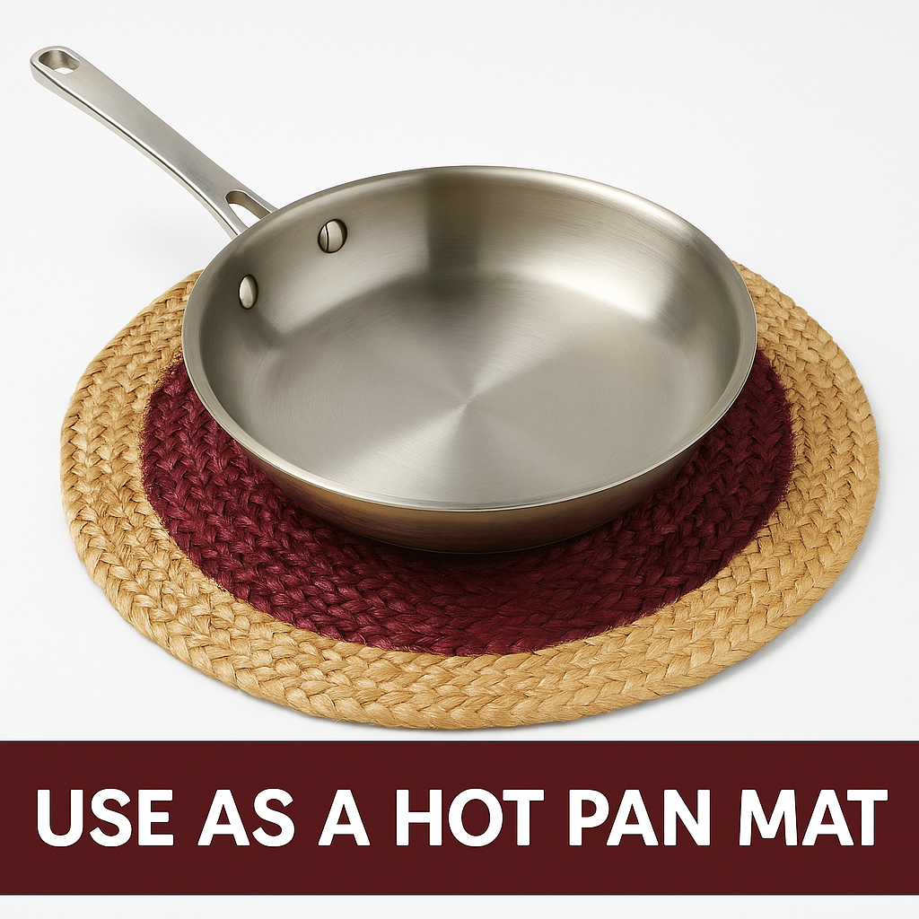 Round jute placemat used as heat-resistant trivet for hot pans
