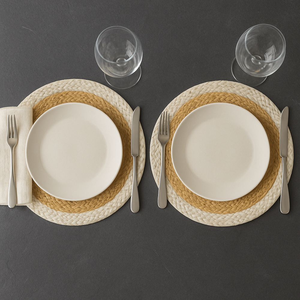Beige and white round jute placemat close-up showing hand-braided weave pattern