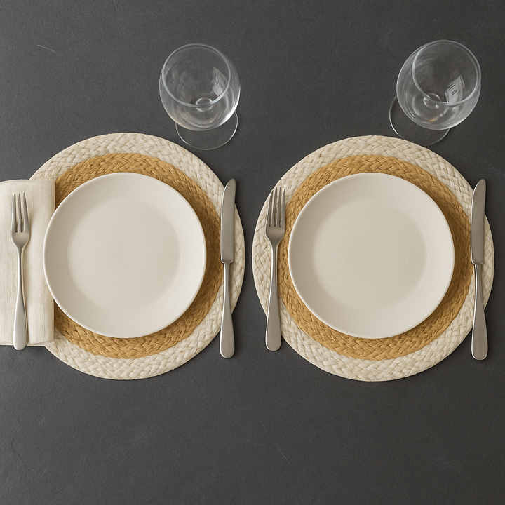 Handwoven Jute Placemats Set of 4 – Beige and White Dining Table Mats – 15 Inch Round and Square Options – Handmade Eco-Friendly Natural Fiber Placemats for Kitchen, Farmhouse, Rustic & Boho Décor, Durable and Heat Resistant
