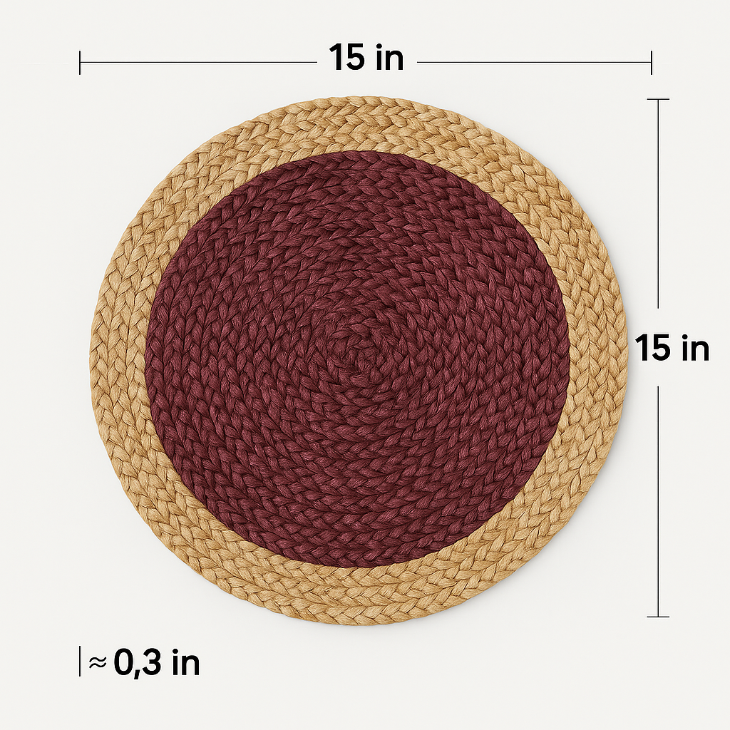 Round jute placemat dimensions diagram, 15 inch natural fiber table mat
