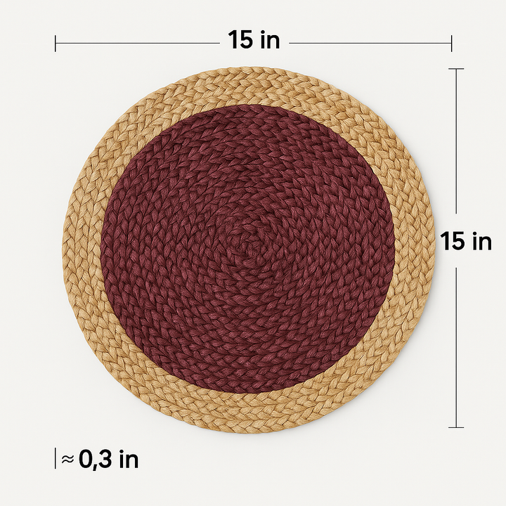 Round jute placemat dimensions diagram, 15 inch natural fiber table mat