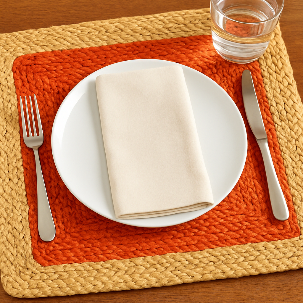 Handmade jute placemats in 4 color, Orange, Gray, Natural white, Purple with Beige color 15 in width, (set of 4)