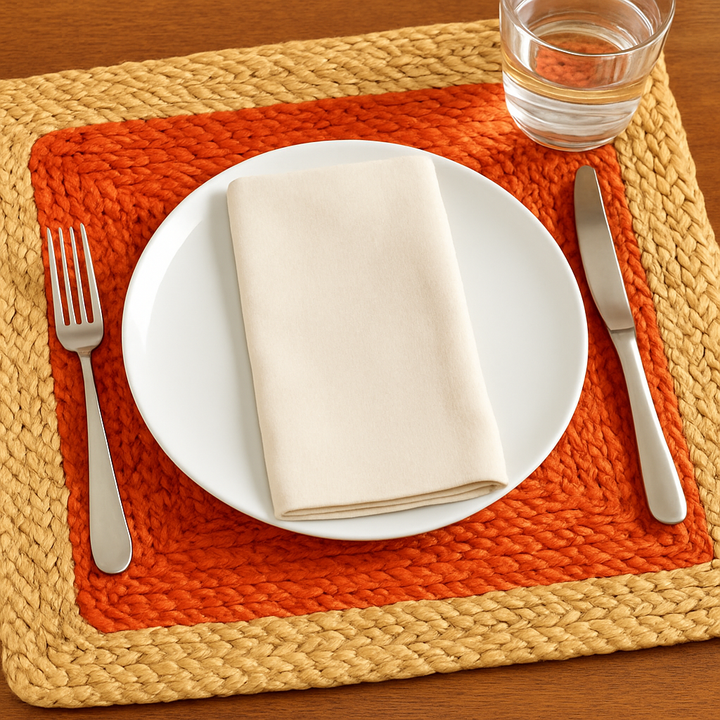 Handmade jute placemats in 4 color, Orange, Gray, Natural white, Purple with Beige color 15 in width, (set of 4)