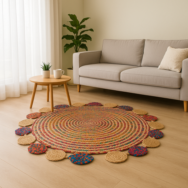 Handmade Round Jute and Cotton Area Rug – Multicolor Braided Rug for Living Room, Bedroom, Dining, Entryway