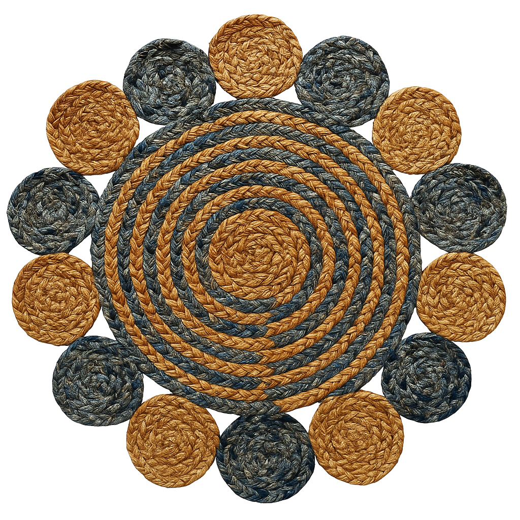 Round jute area rug in denim blue and beige color