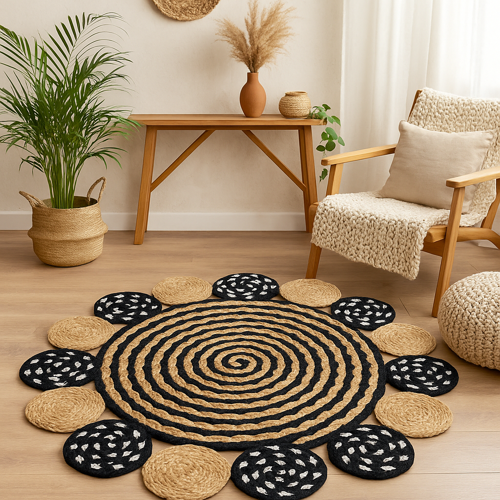 Black and white round rug key features highlighted