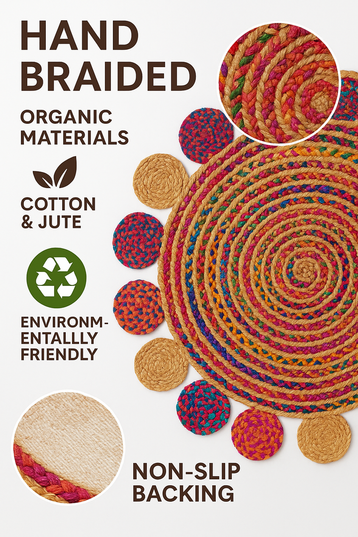 Handmade Round Jute and Cotton Area Rug – Multicolor Braided Rug for Living Room, Bedroom, Dining, Entryway