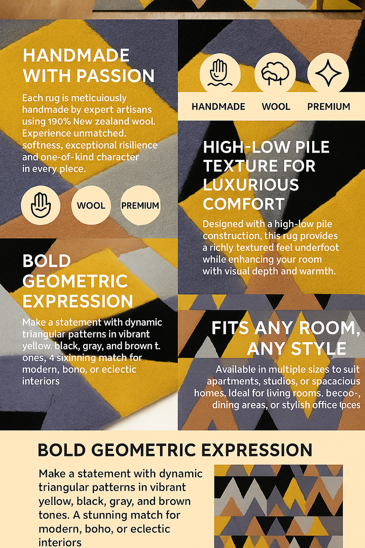 Promotional poster for a handmade rug with geometric pattern, text highlighting features, and brand logos.